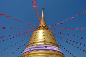 Visit Wat Saket on a Bangkok tour. Follow the steps around the Golden Mount temple and you will be rewarded with a great view of old Bangkok.